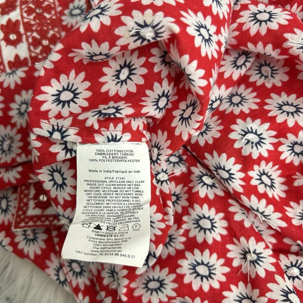 Tory Burch Jayne‎ Mod Flower Embroidered Tunic Top Size 2 Cotton Red Floral Boho